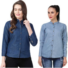 Womens Denim Solid Shirt Buy 1 Get 1 Free Denim  Blue Pattern